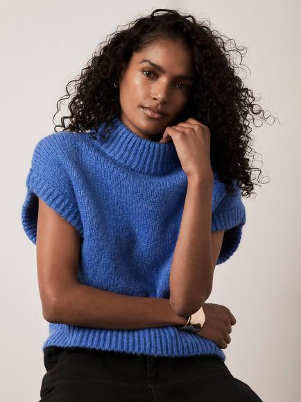 Mint Velvet Knit Short Sleeve Tank Top, Blue, Blue Multi Blue