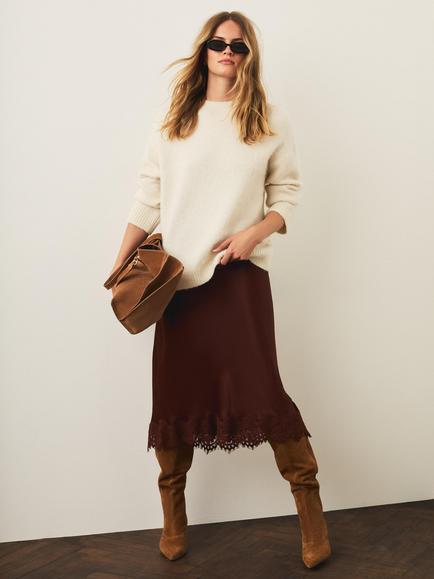 Mint Velvet Satin Lace Hem Maxi Skirt, Brown, Brown