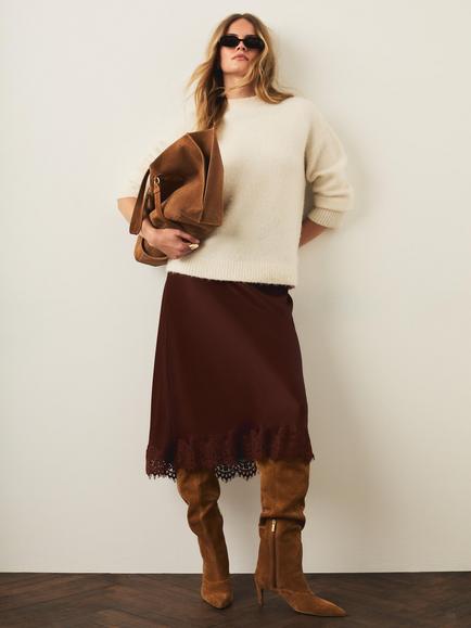 Mint Velvet Satin Lace Hem Maxi Skirt, Brown - view 2, Brown