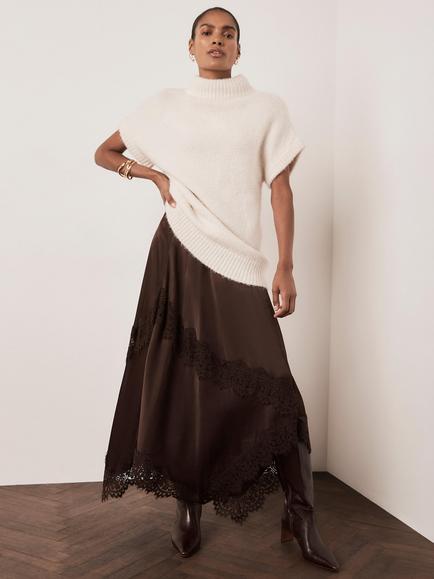 Mint Velvet Lace Trim Midi Skirt, Brown, Brown
