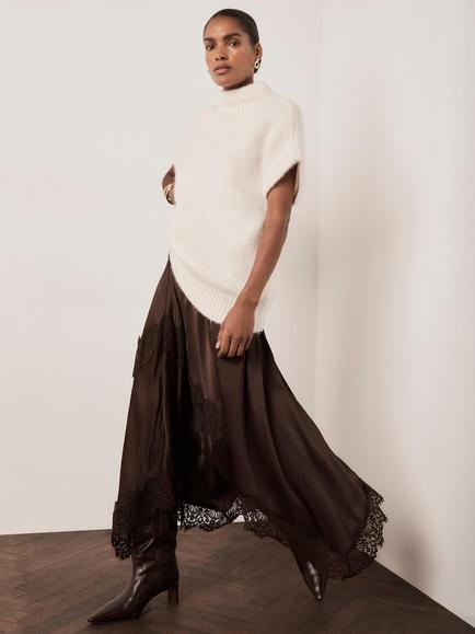 Mint Velvet Lace Trim Midi Skirt, Brown - view 2, Brown