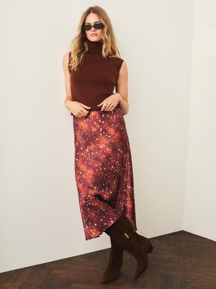 Mint Velvet Printed Satin Slip Skirt, Brown, Brown