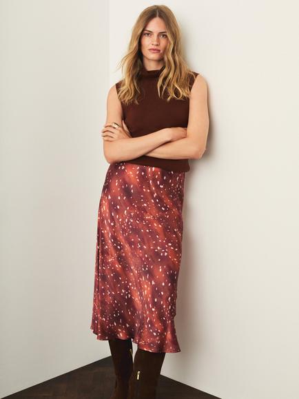 Mint Velvet Printed Satin Slip Skirt, Brown - view 2, Brown