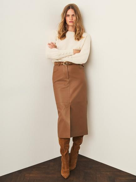 Mint Velvet Leather Pencil Skirt, Brown Tan - view 2, Brown Tan