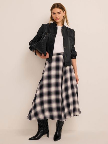 Mint Velvet Check Flounce Midi Skirt, Grey, Grey