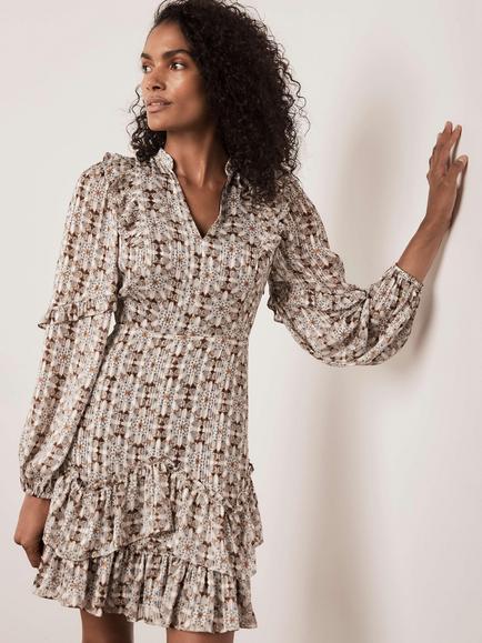 Mint Velvet Floral Geo Print Mini Dress, Neutral/Multi, Neutral/Multi