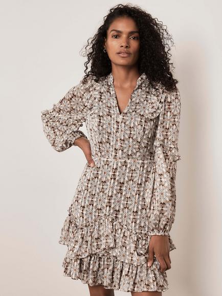Mint Velvet Floral Geo Print Mini Dress, Neutral/Multi - view 2, Neutral/Multi