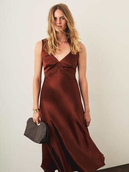 Mint Velvet Satin Lace Detail Midi Dress, Brown, Brown