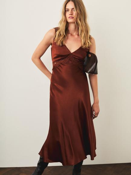 Mint Velvet Satin Lace Detail Midi Dress, Brown - view 2, Brown