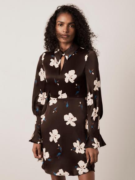 Mint Velvet Floral Flared Mini Dress, Brown/Multi, Brown/Multi