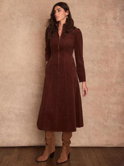 Mint Velvet Cotton Rich A-Line Stand Collar Midi Dress, Brown, Brown