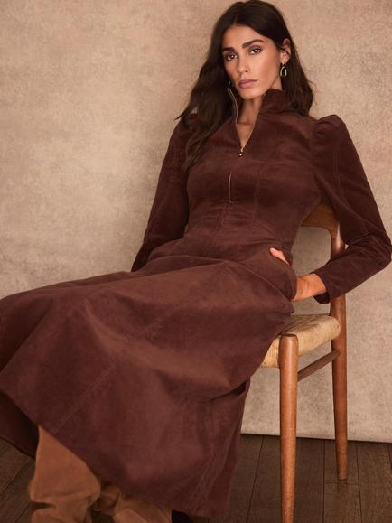 Mint Velvet Cotton Rich A-Line Stand Collar Midi Dress, Brown - view 2, Brown