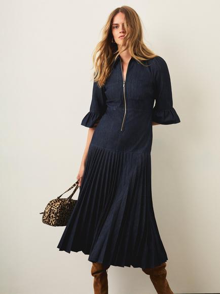Mint Velvet Pleated Midi Shirt Dress, Blue, Blue