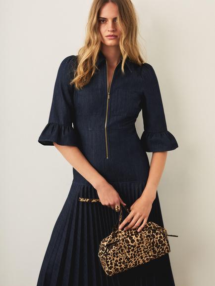 Mint Velvet Pleated Midi Shirt Dress, Blue - view 2, Blue