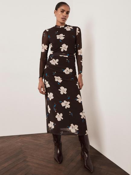 Mint Velvet Floral A-Line Mesh Midi Dress, Brown/Multi, Brown/Multi