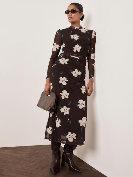 Mint Velvet Floral A-Line Mesh Midi Dress, Brown/Multi - view 2, Brown/Multi
