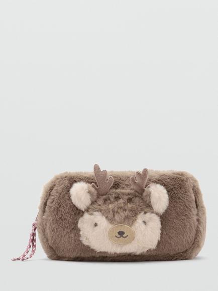 Mango Kids' Reindeer Plush Pouch Bag, Taupe, Taupe