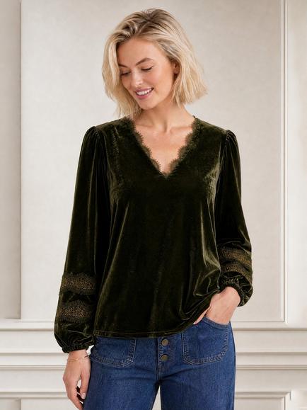 Aspiga Claudette Velvet Blouse, Dark Olive, Dark Olive