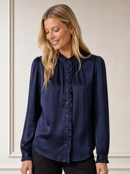 Aspiga Long Sleeve High Neck Frill Blouse, Navy, Navy