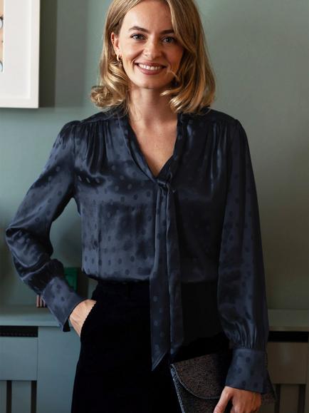 Aspiga Tie Neck Satin Jacquard Blouse, Navy, Navy