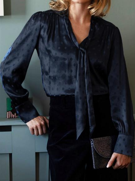 Aspiga Tie Neck Satin Jacquard Blouse, Navy - view 2, Navy
