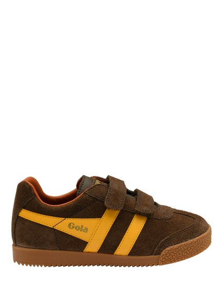 Gola Kids' Harrier Strap Suede Trainers, Dark Brown/Yellow, Dark Brown/Yellow