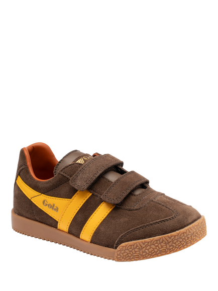 Gola Kids' Harrier Strap Suede Trainers, Dark Brown/Yellow - view 2, Dark Brown/Yellow