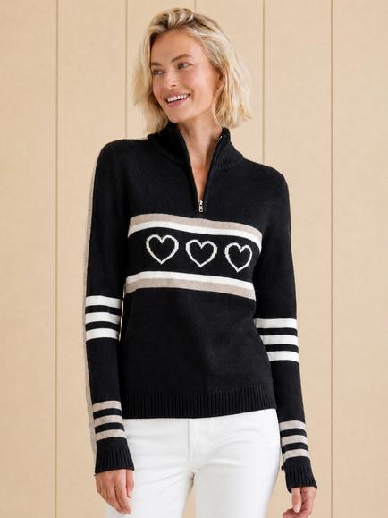 Aspiga Merino Wool Stripe Hearts Quarter Zip Jumper, Black/ Off White, Black/Off White