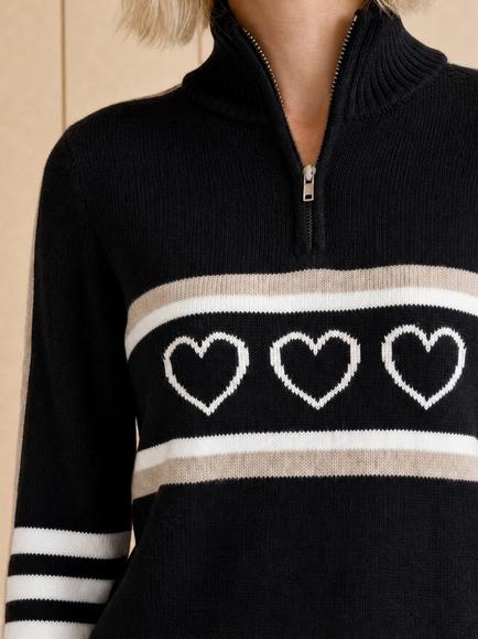 Aspiga Merino Wool Stripe Hearts Quarter Zip Jumper, Black/ Off White - view 2, Black/Off White