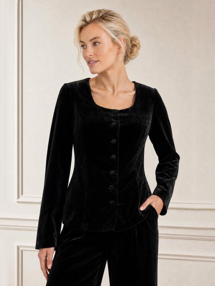 Aspiga Long Sleeve Button Through Velvet Top, Black, Black