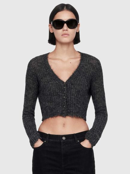 AllSaints Mabel Cropped V-Neck Cardigan, Grey Charcoal