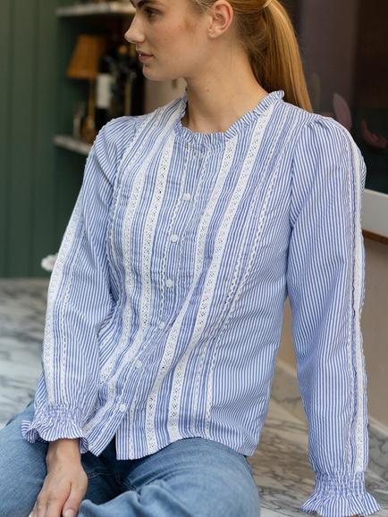 Aspiga Striped Lace Vienna Blouse, Blue/White, Blue/White