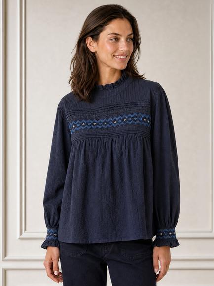 Aspiga Seersucker Embroidered Blouse, Navy, Navy