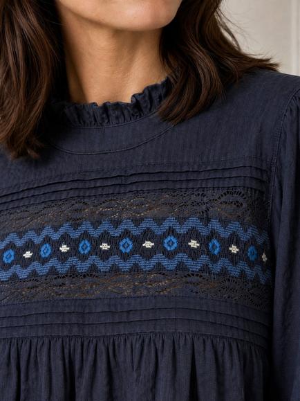Aspiga Seersucker Embroidered Blouse, Navy - view 2, Navy