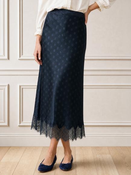 Aspiga Satin Jacquard Spot Slip Skirt, Navy, Navy
