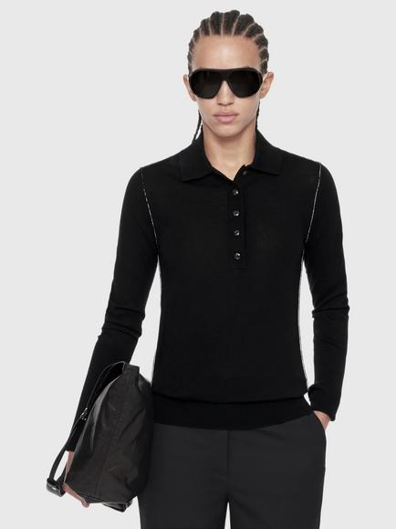 AllSaints Martel Wool Long Sleeve Polo Top, Black