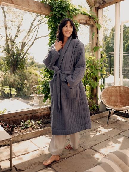 Pretty You London Quilted Cotton Robe, Folkestone Grey - view 2, Folkestone Grey