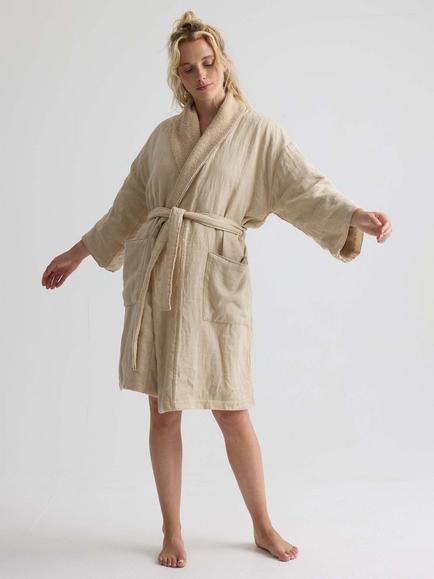 Pretty You London Short Terry and Linen Robe, Summer Sand