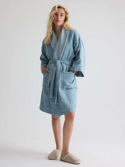 Pretty You London Short Terry and Linen Robe, Blue Haze