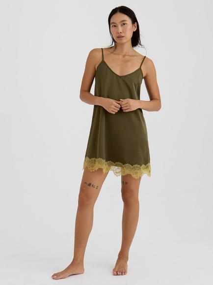Pretty You London Satin Lace Chemise Nightdress, Olive, Olive
