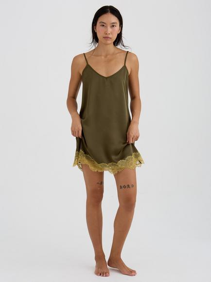 Pretty You London Satin Lace Chemise Nightdress, Olive - view 2, Olive