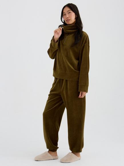 Pretty You London Velour Cuffed Joggers, Olive, Olive