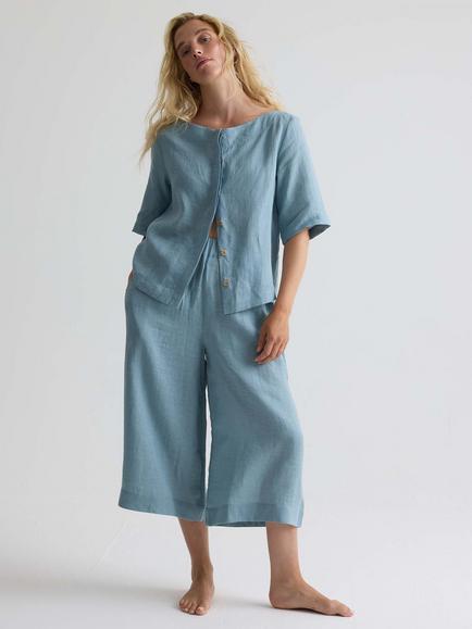 Pretty You London Scoop Neck Linen Top, Blue Haze
