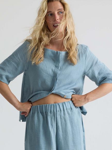 Pretty You London Scoop Neck Linen Top - view 2, Blue Haze