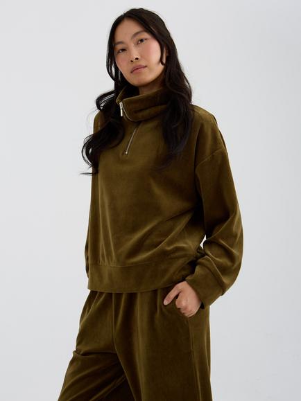 Pretty You London Velour Half Zip Funnel Neck Top, Olive, Olive