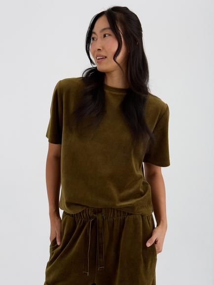 Pretty You London Velour Relaxed T-Shirt, Olive, Olive