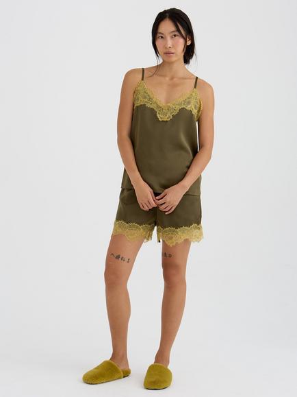 Pretty You London Satin Lace Shorts, Olive, Olive