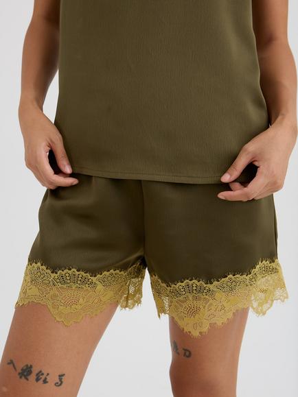 Pretty You London Satin Lace Shorts, Olive - view 2, Olive
