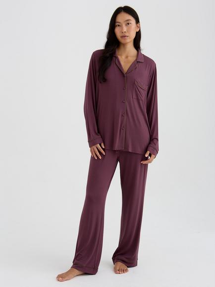 Pretty You London Bamboo New Classic Long Pyjama Set, Huckleberry, Huckleberry