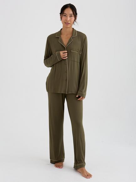 Pretty You London Bamboo New Classic Long Pyjama Set, Olive, Olive